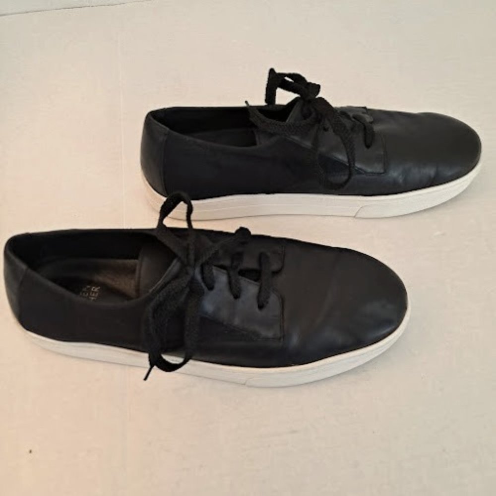 Eileen Fisher Koi Sneakers Black Glazed Leather Mesh Overlay Tennis Shoes